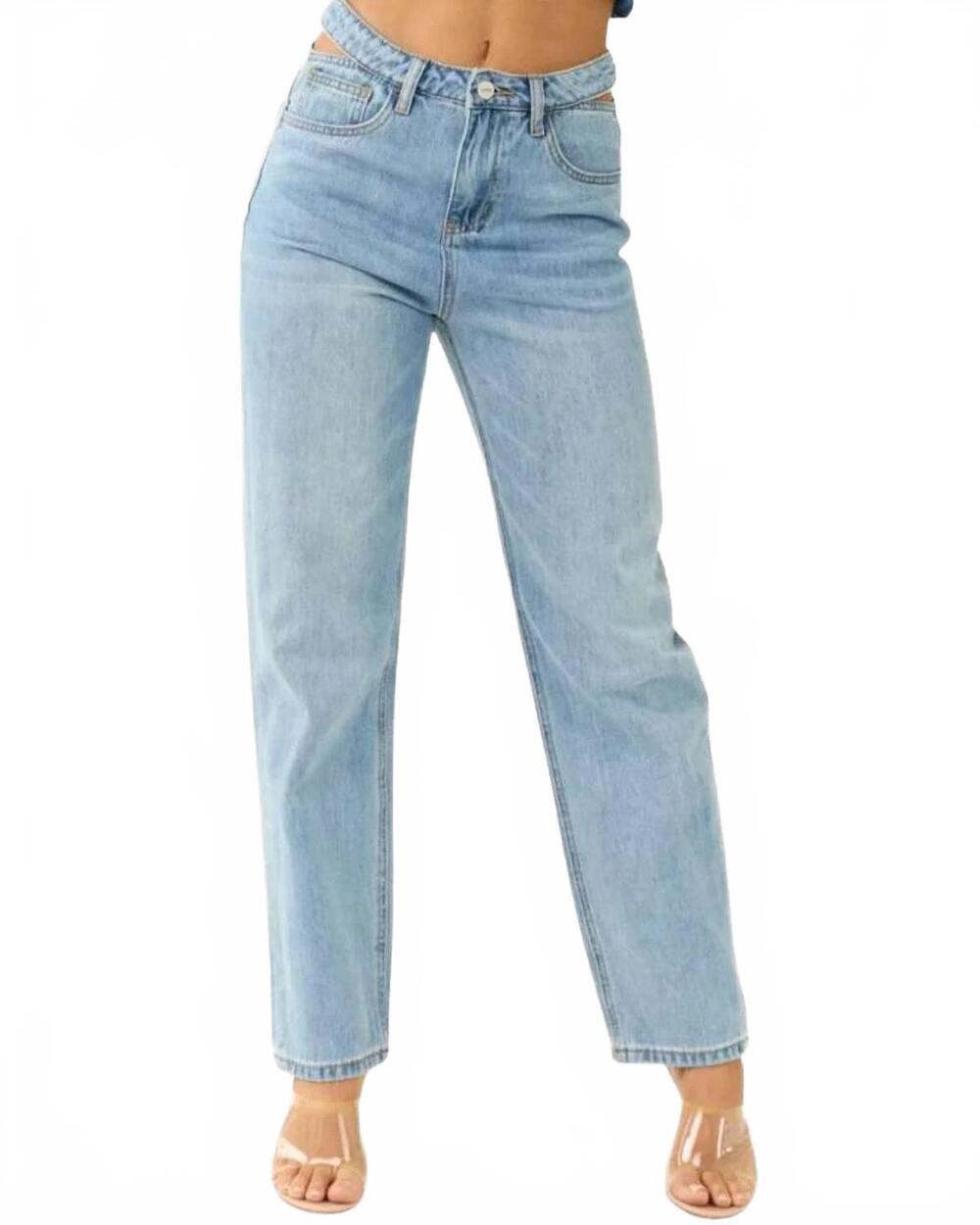 NEW CEROS cutout waistband detail straight leg jeans in light blue